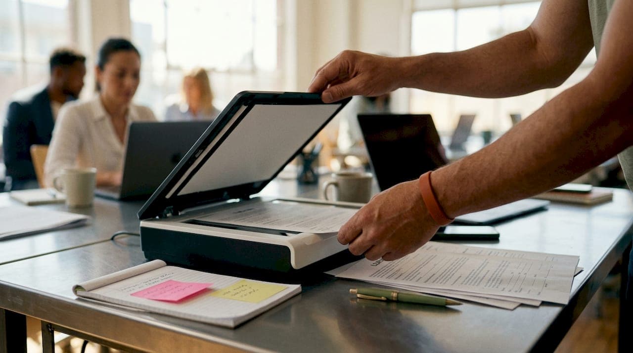 Hands operating document scanner and keyboard