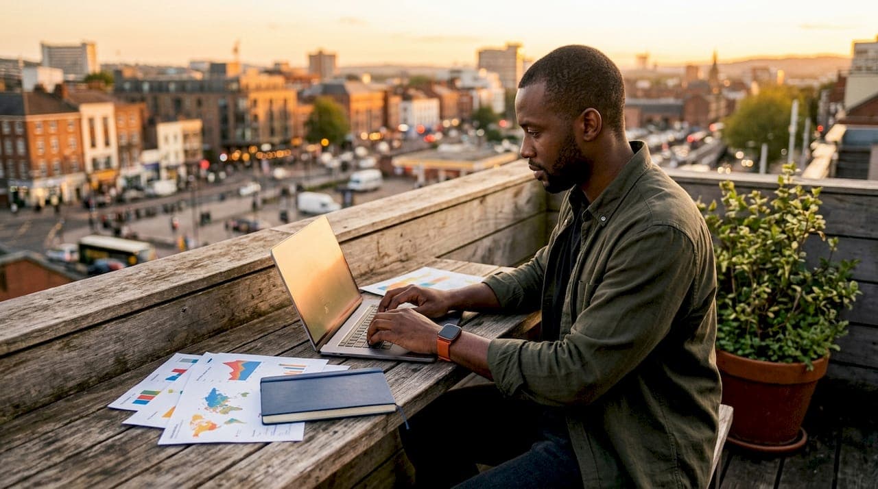 Hands typing on laptop with logistics charts