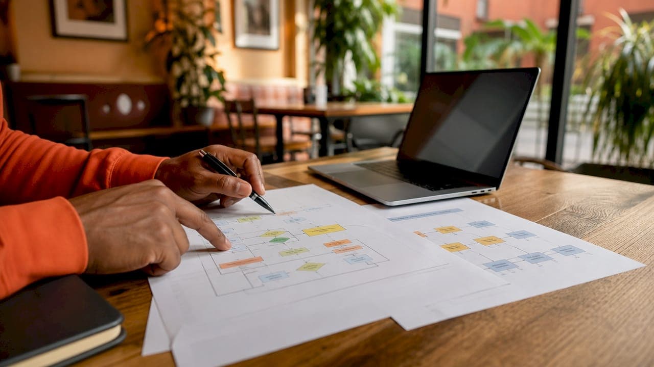 Hands typing beside printed workflow charts
