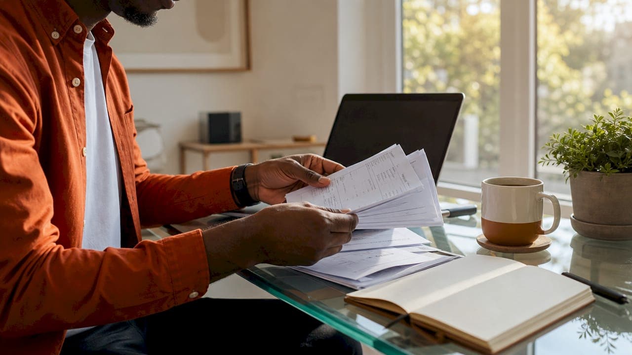 Accountant sorting invoices at wooden desk, overhead view