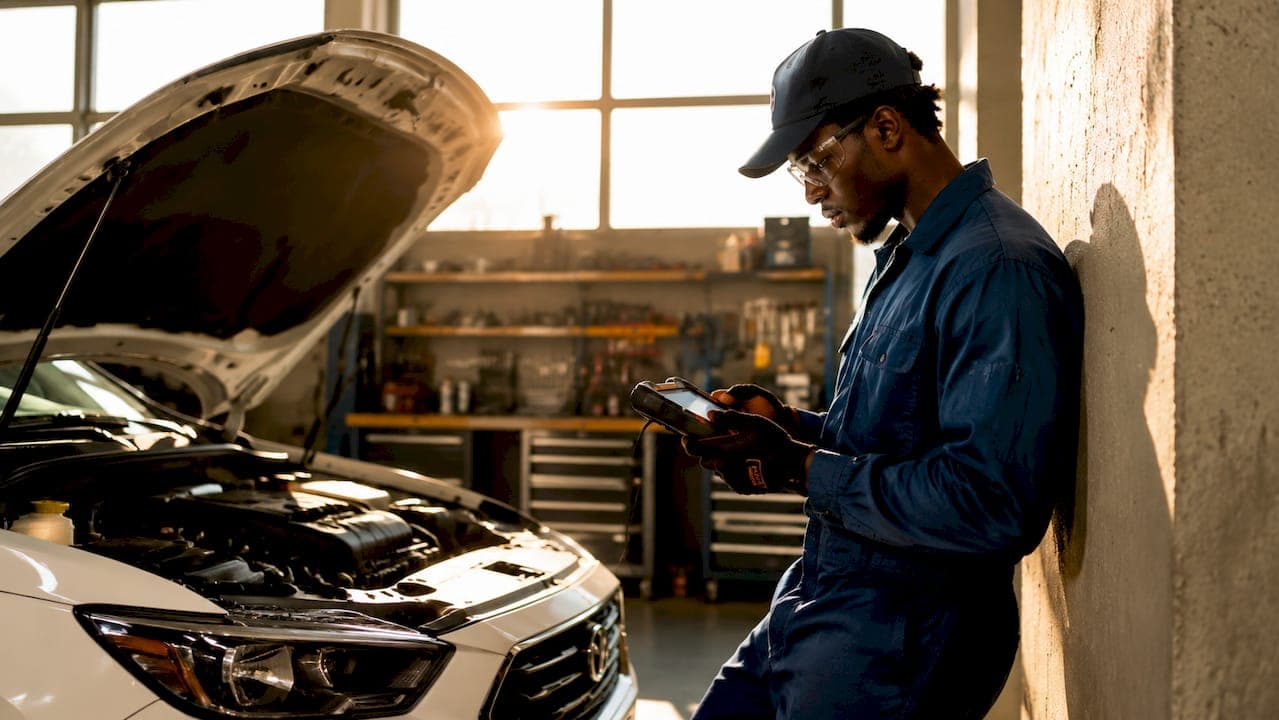 Technician using AI diagnostic device on vehicle