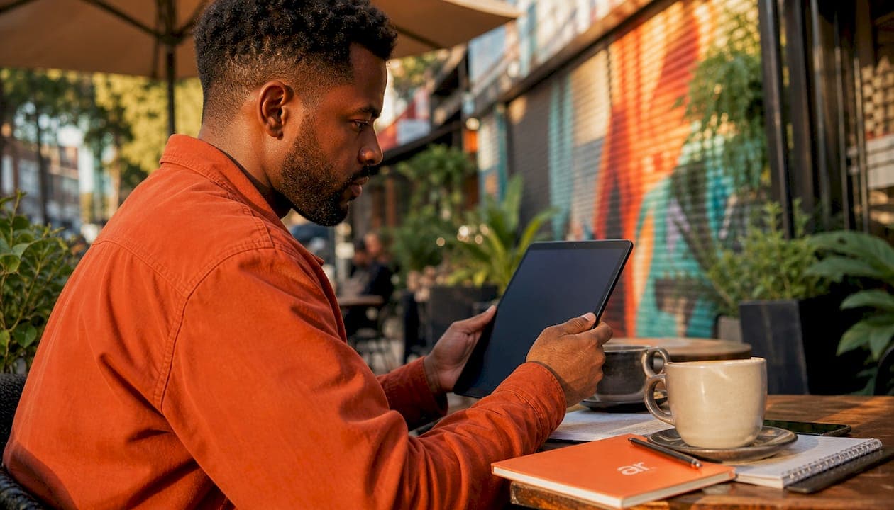 Man reviewing AI pilot project on tablet