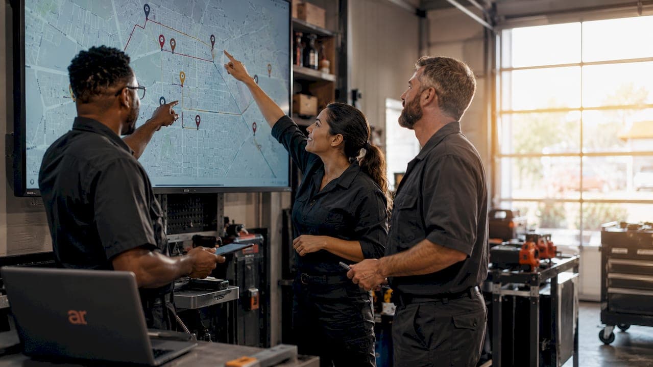 Technicians collaborating on dispatch board routes