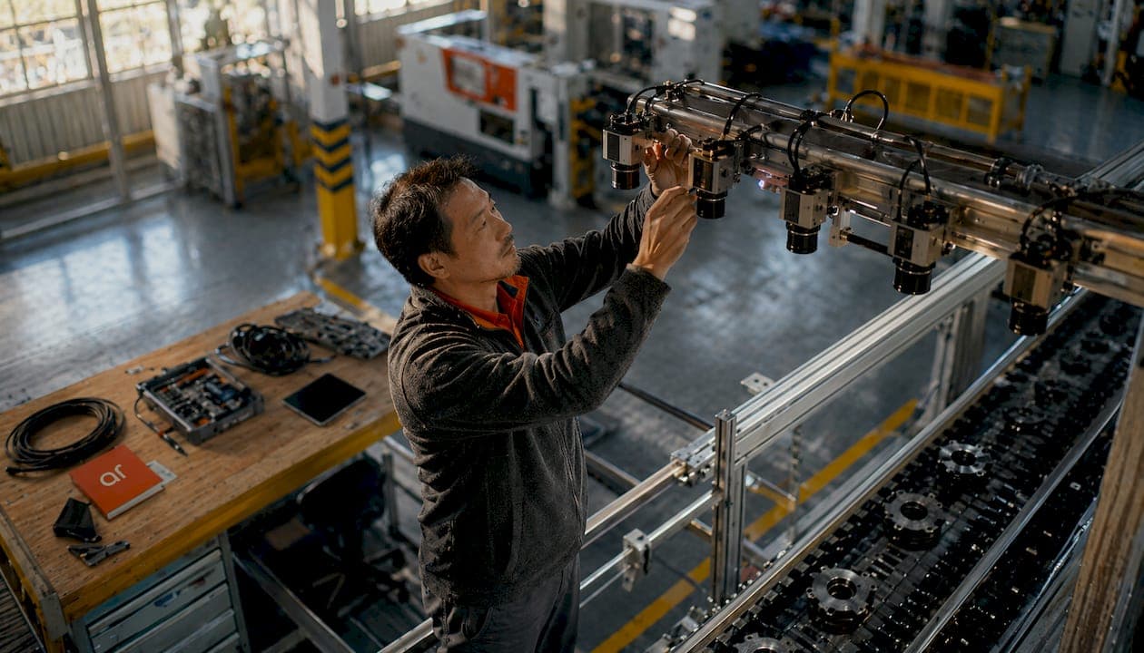 Technician adjusting vision AI sensors in factory