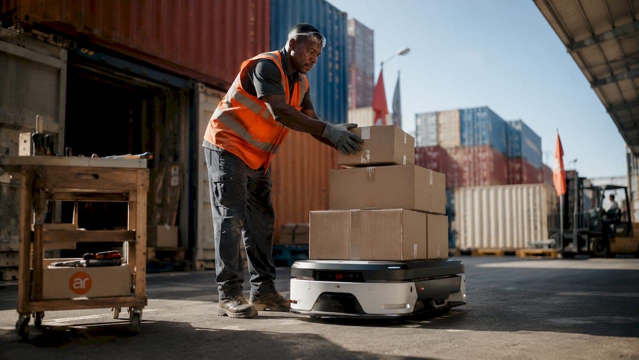 Technician loading boxes onto warehouse robot