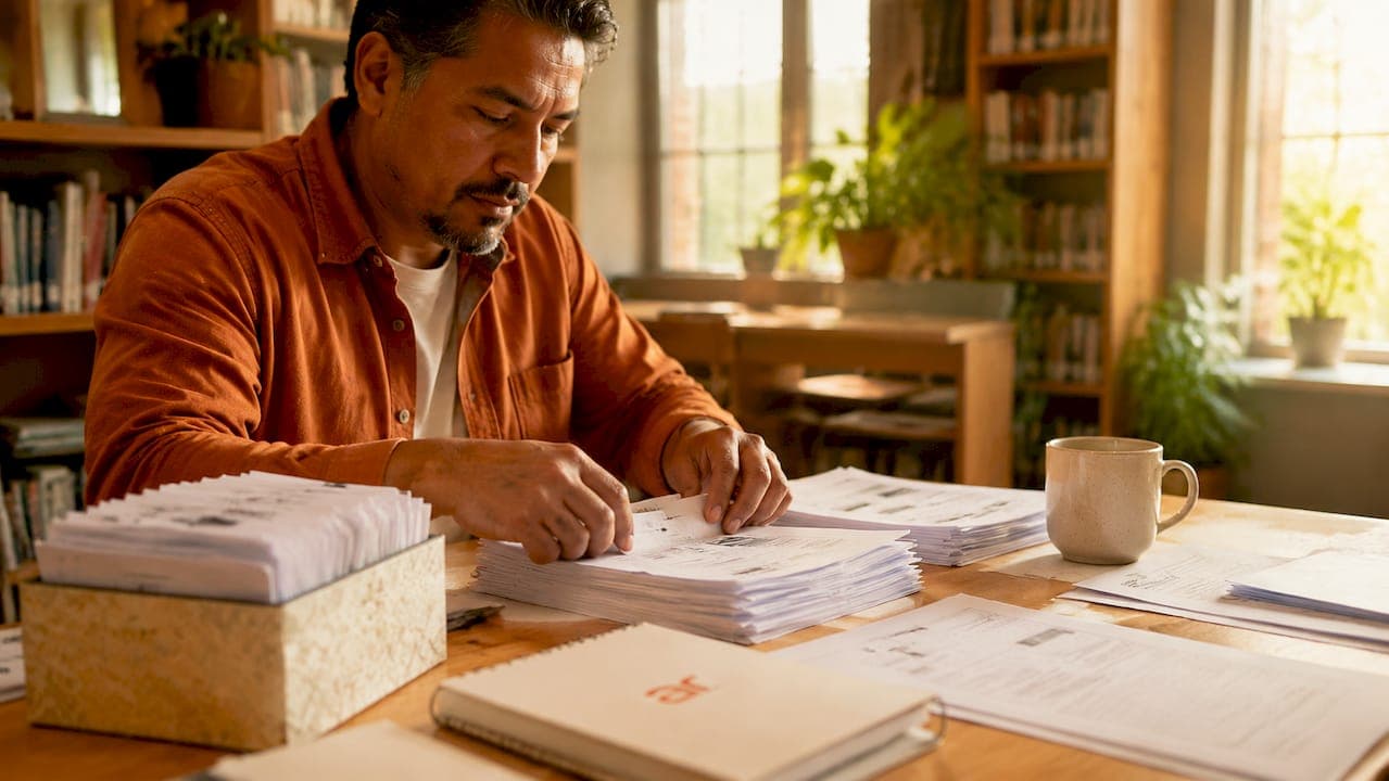 Hands assembling permit submission packets