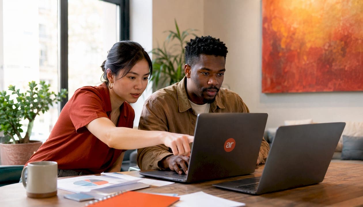 Two professionals collaborating with AI sales tools