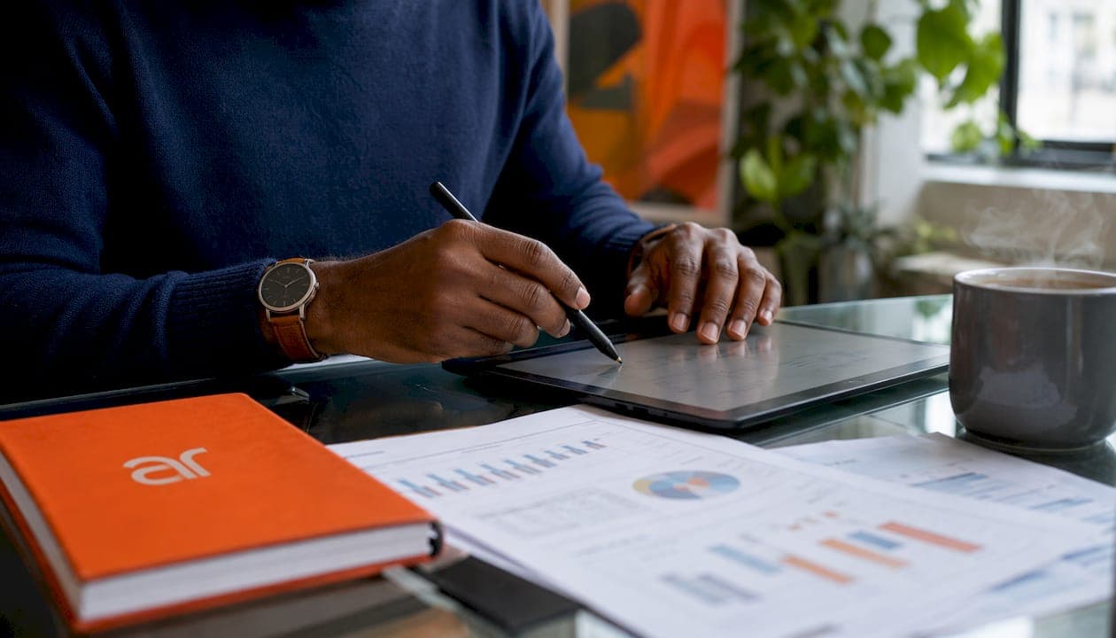 Hands using stylus on tablet with finance reports