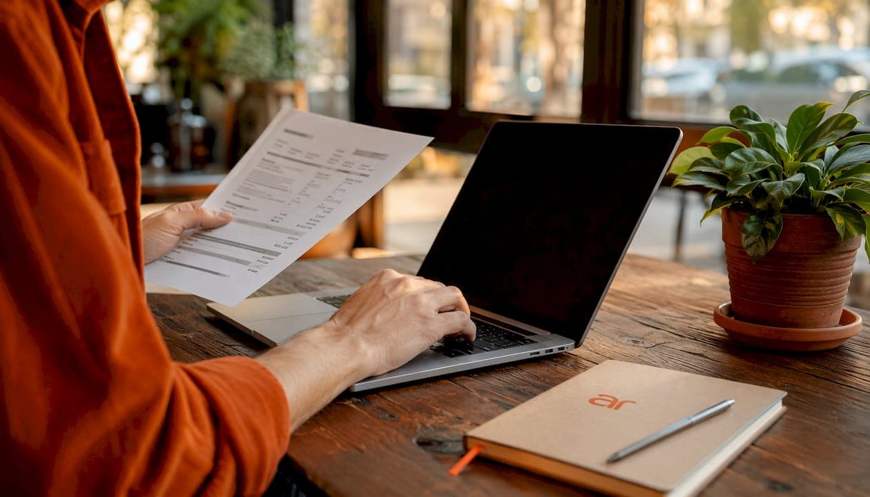 Hands typing with invoice and laptop on desk