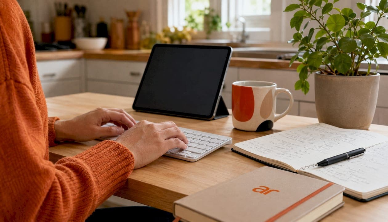 Hands typing on keyboard with workflow notes
