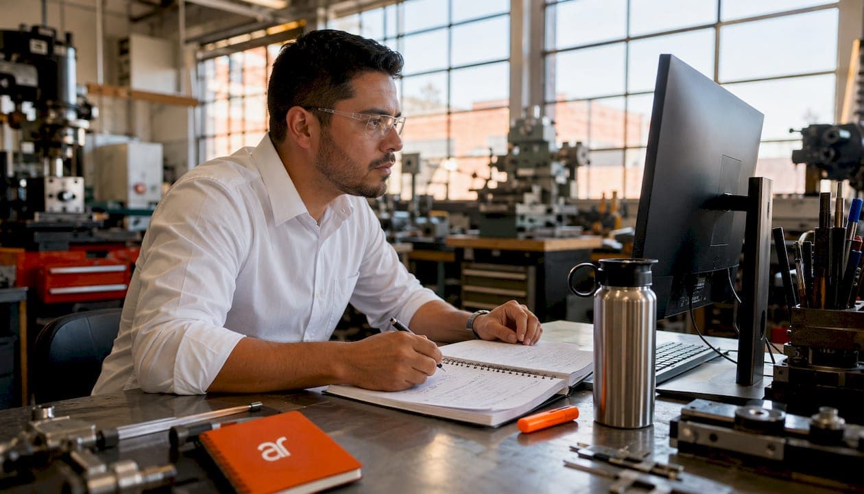 Engineer reviewing parts data at workstation