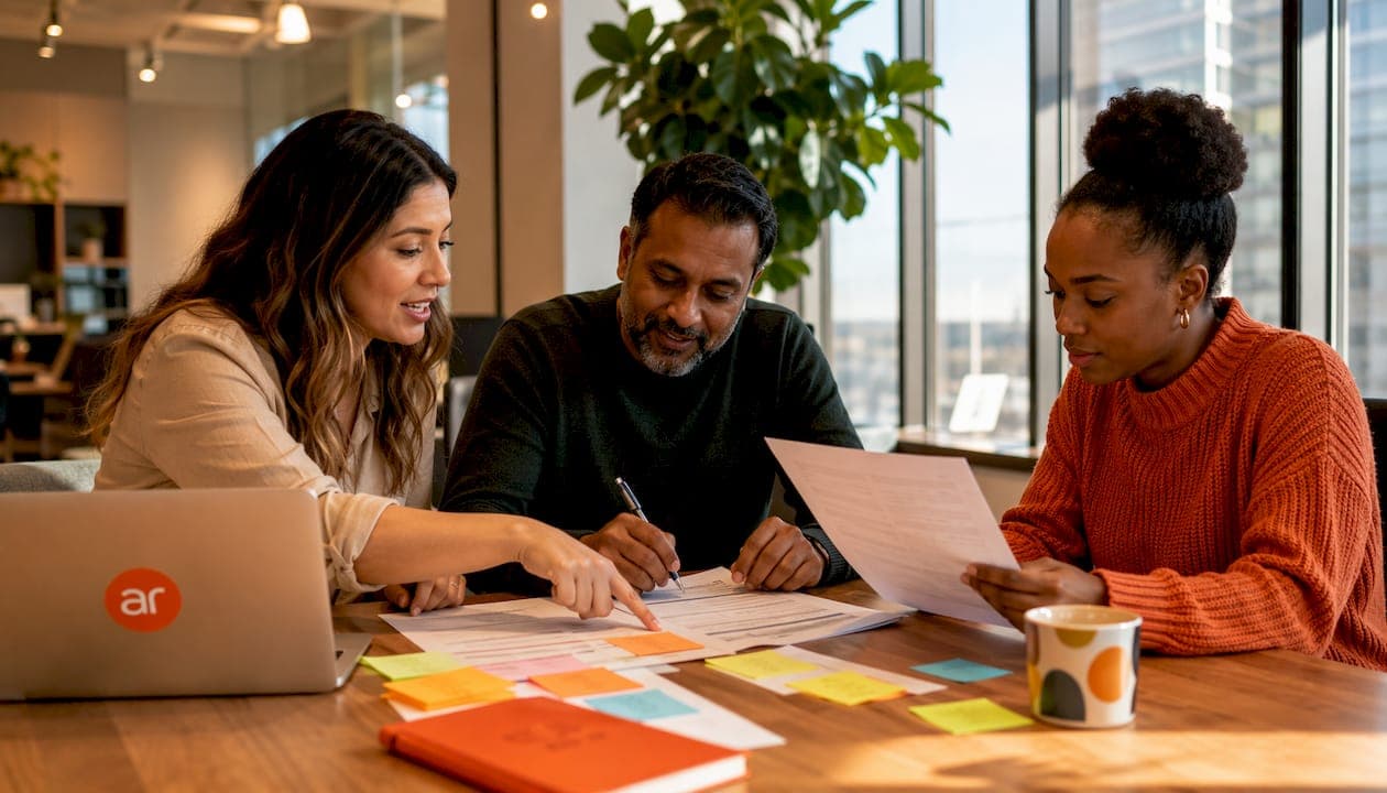 Overhead view of IT team assessing software alternatives