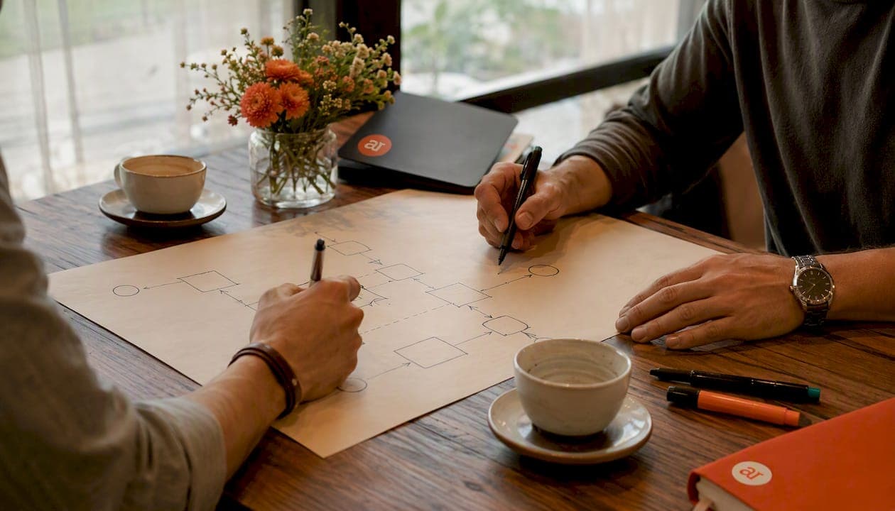Hands drawing BPMN workflow diagram collaboratively
