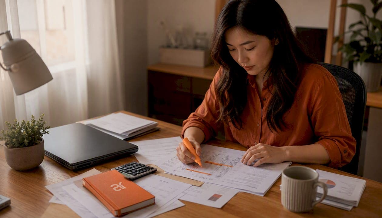 Hands highlighting financial documents on desk