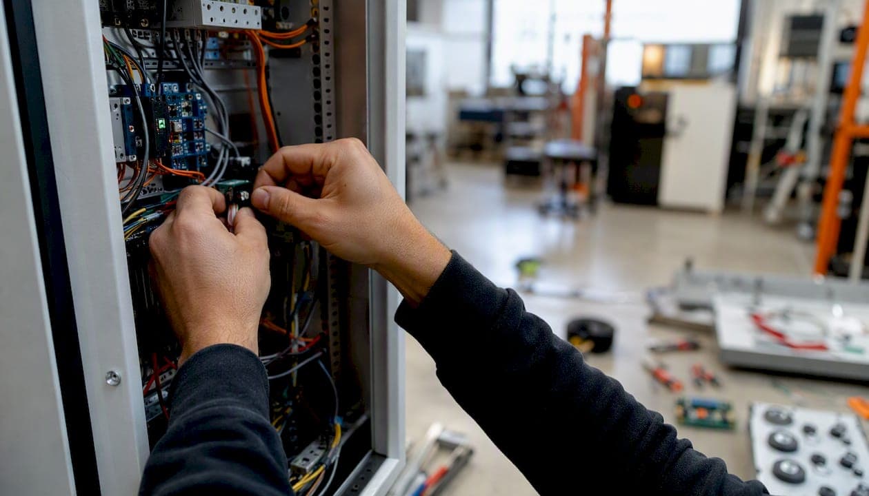 Hands wiring control panel in industrial setting