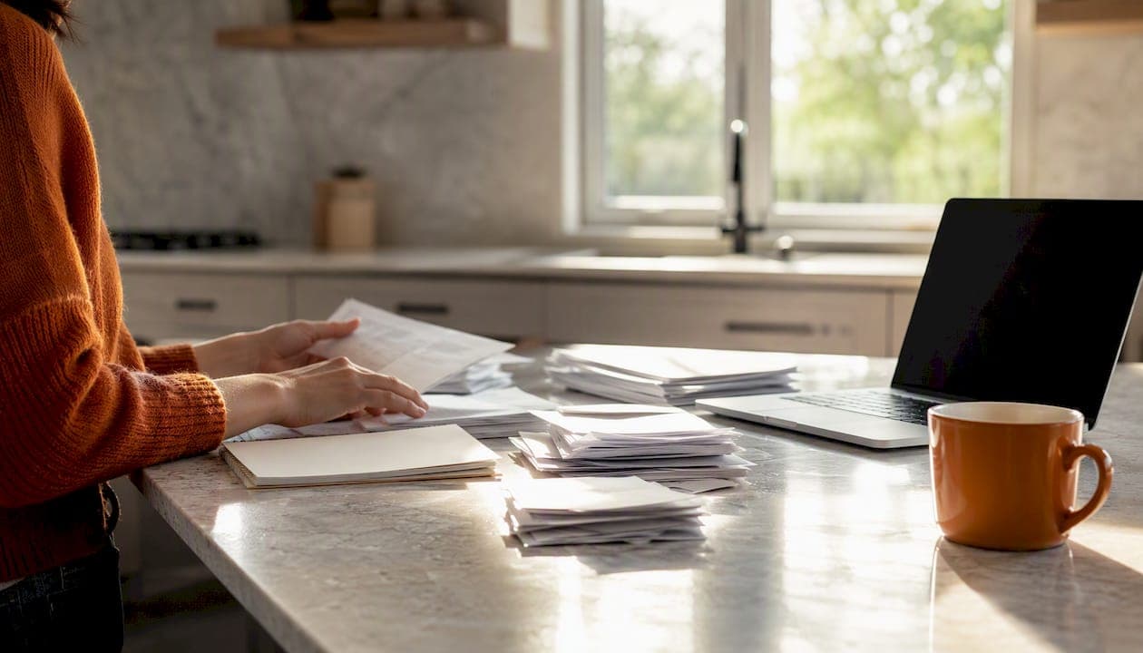 Hands manually sorting invoices on desk