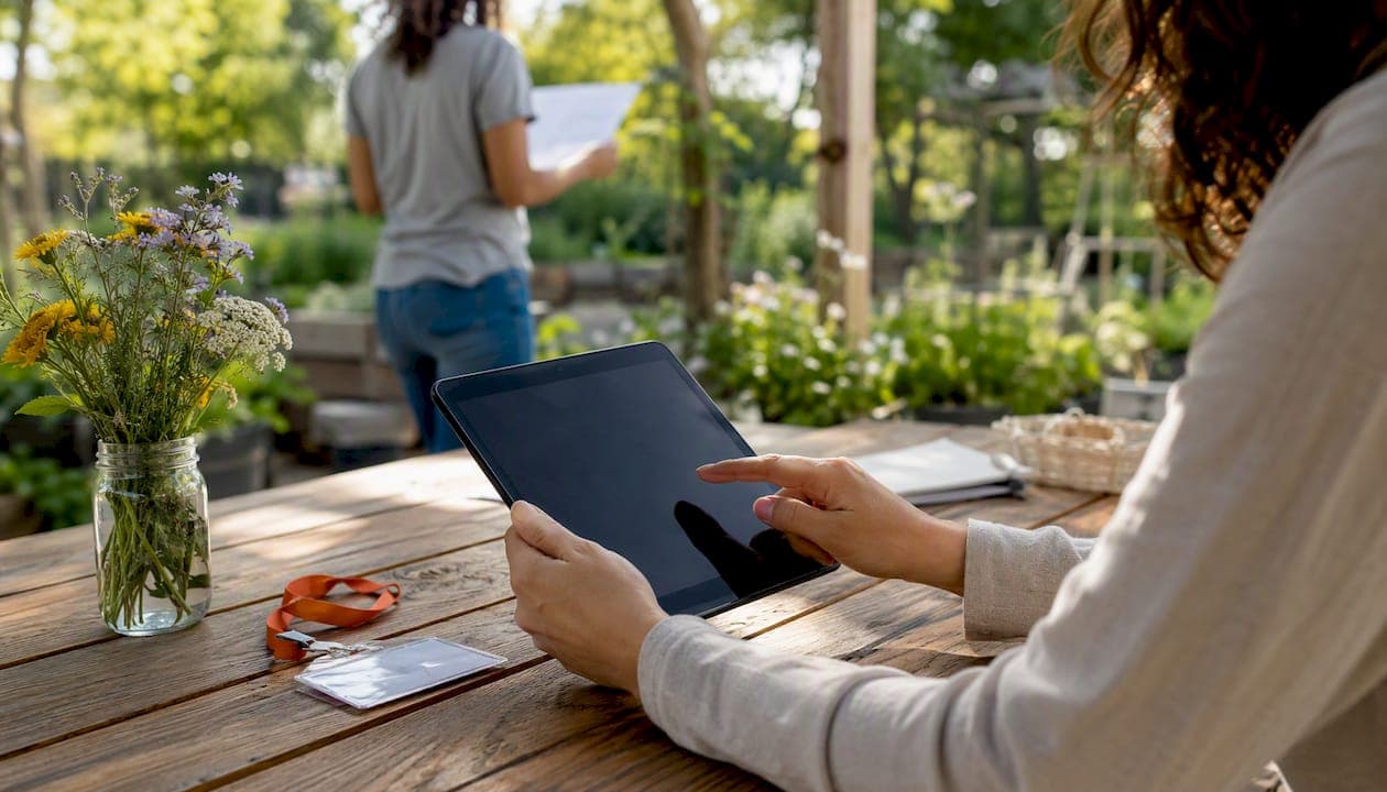 Hands interacting with tablet for volunteer matching