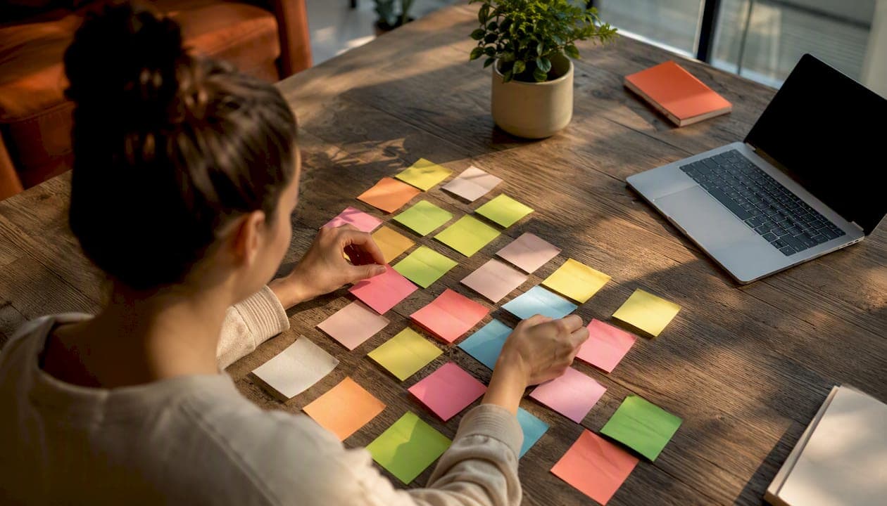 Hands sorting color-coded cards manually