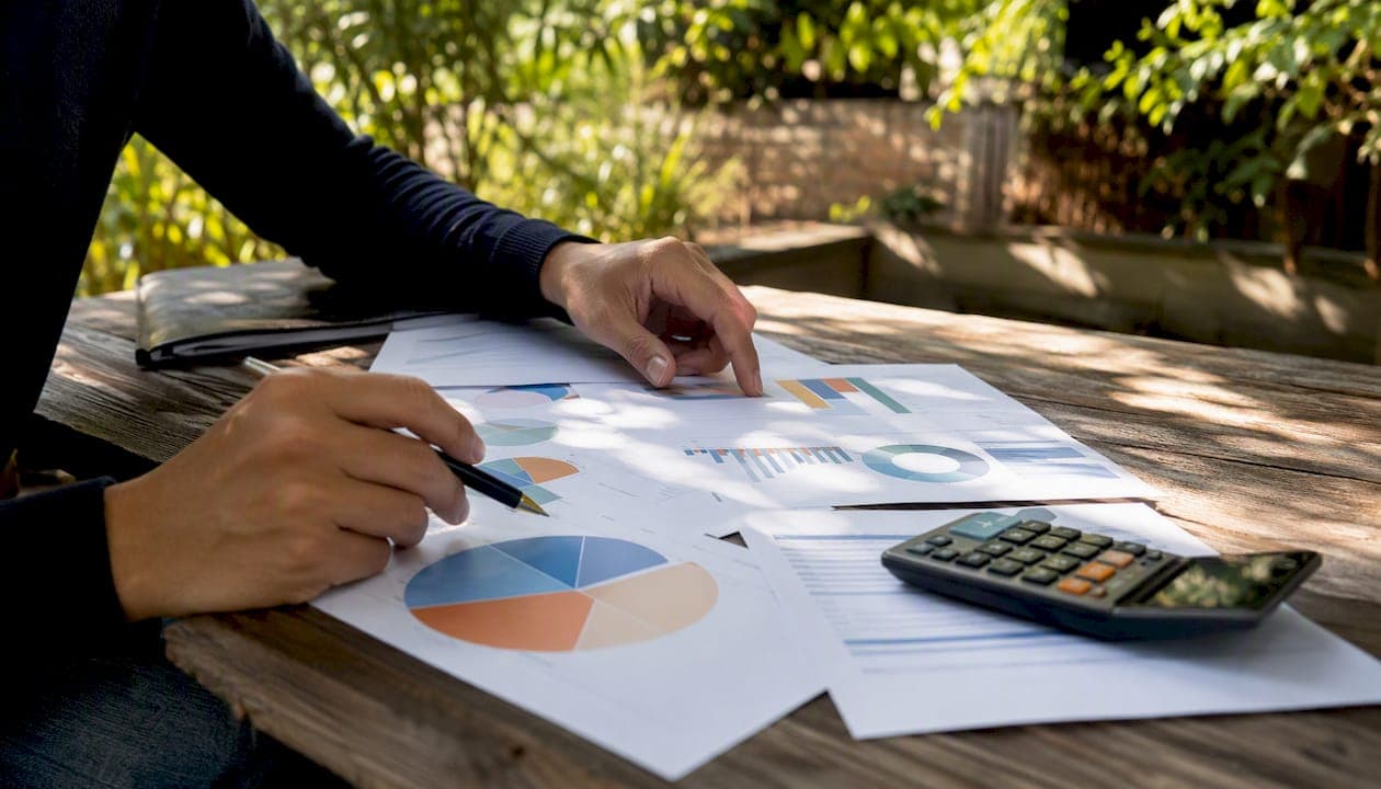 Hands reviewing budget charts and calculator