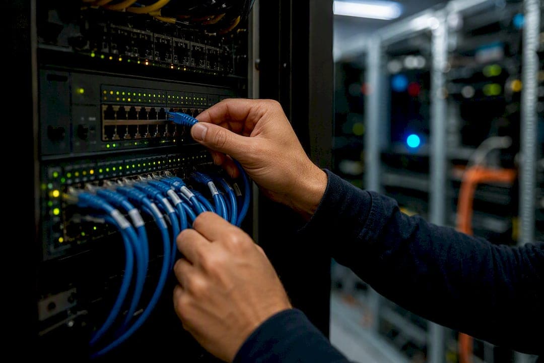 Hands plugging network cable into switch