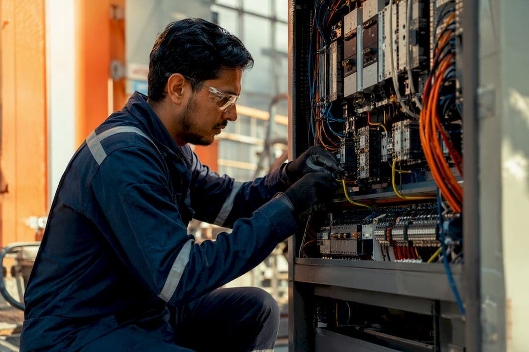Engineer wiring control panel in industrial setting