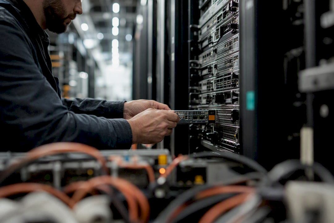 Hands configuring data module in server room
