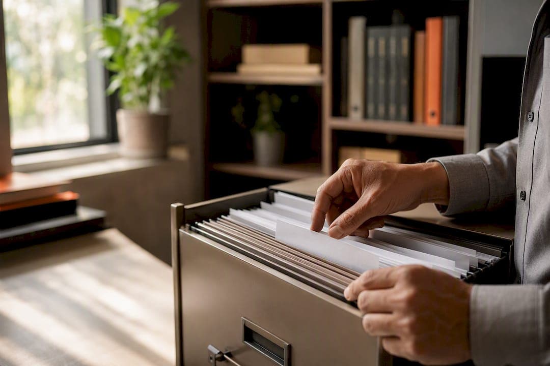 Hands organizing contract folders representing workflow shift