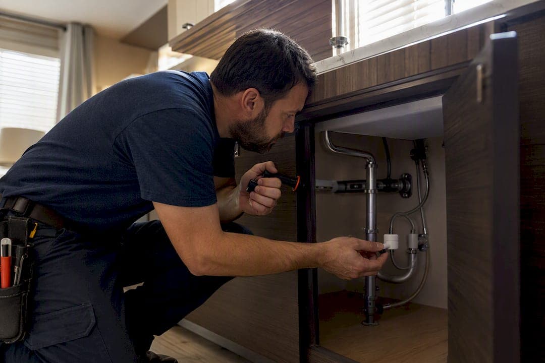 Technician checking an apartment leak sensor