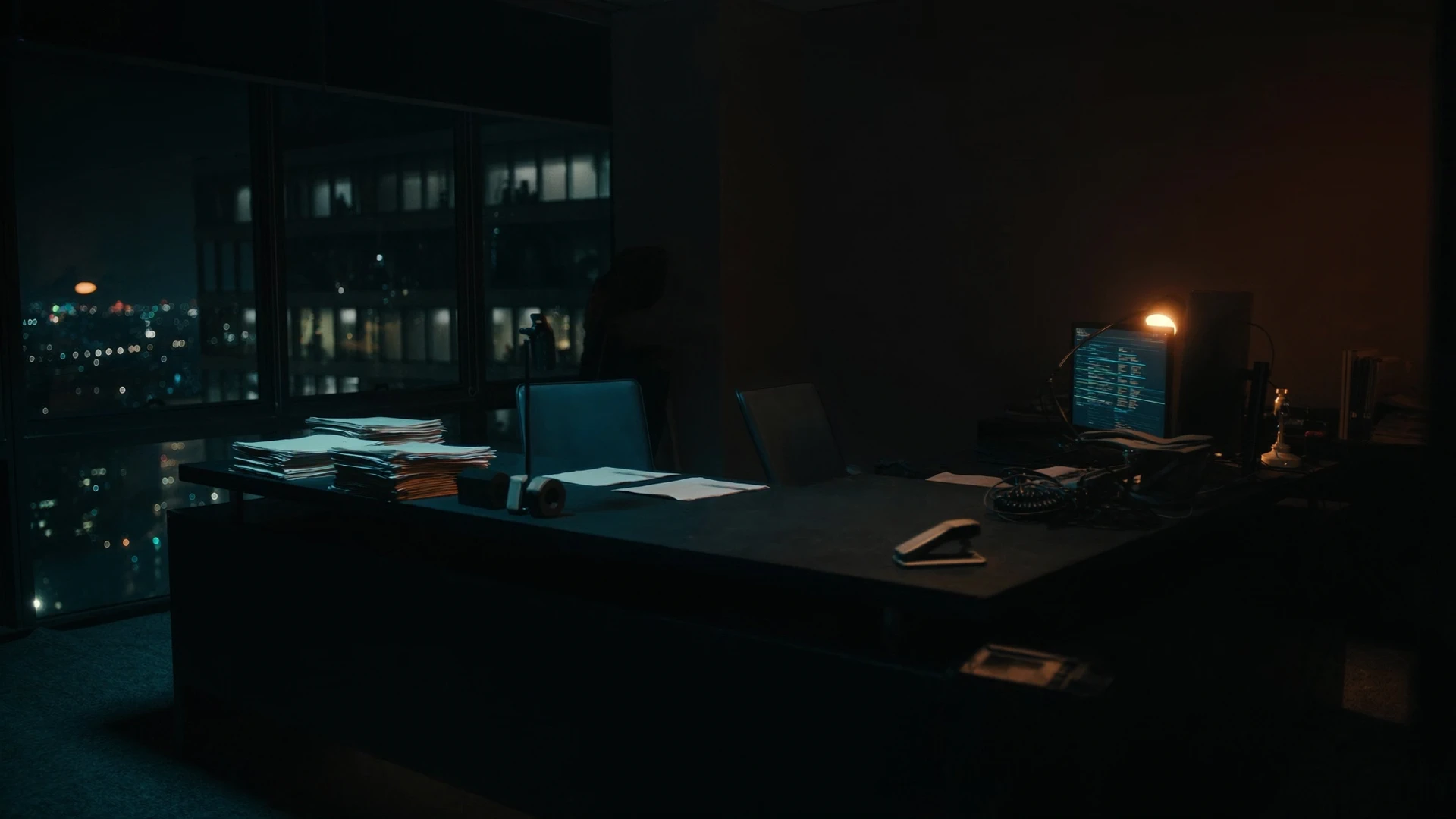 Night executive desk, dim monitor, city windows — the office after the meeting