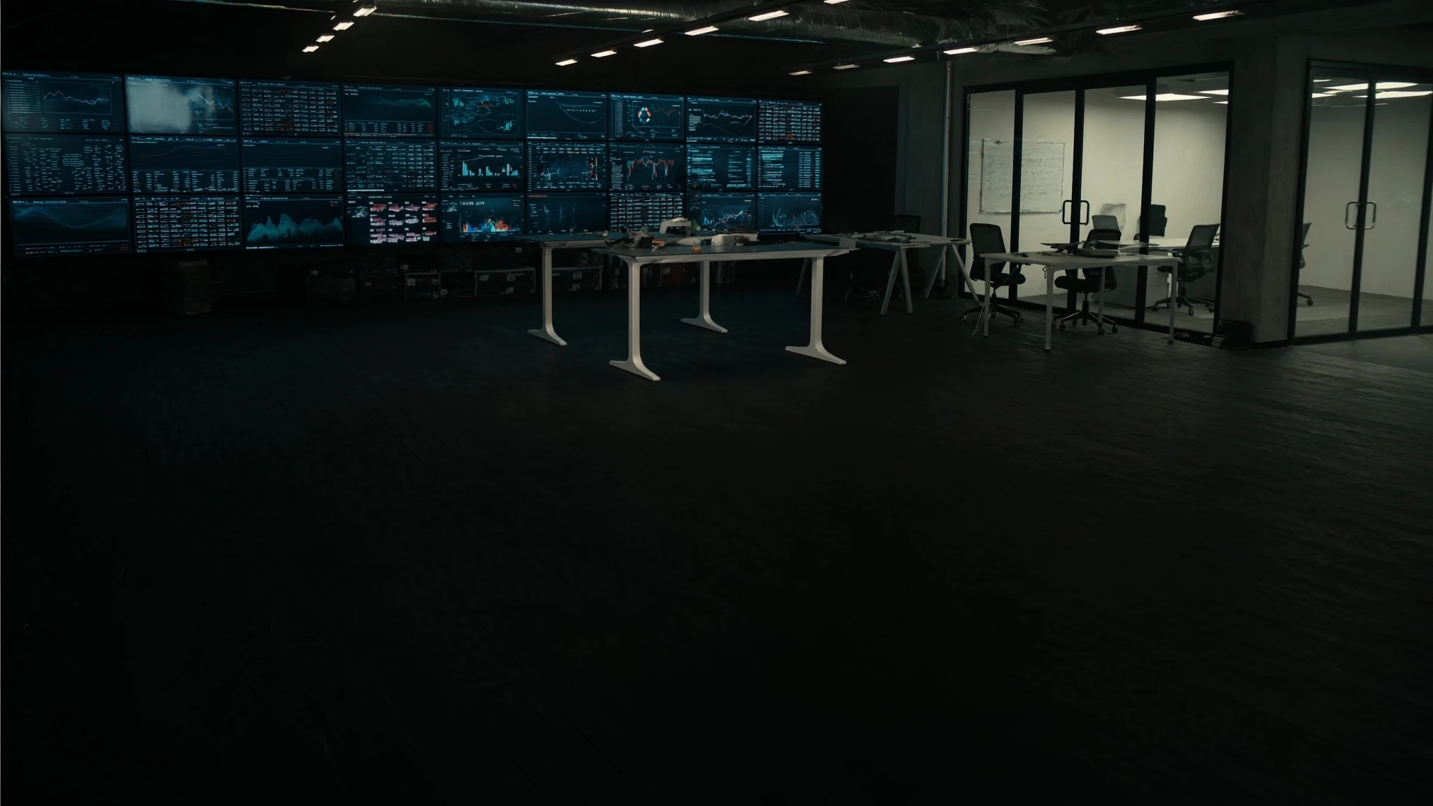 Empty CoE studio floor at night, a data wall and white worktables waiting