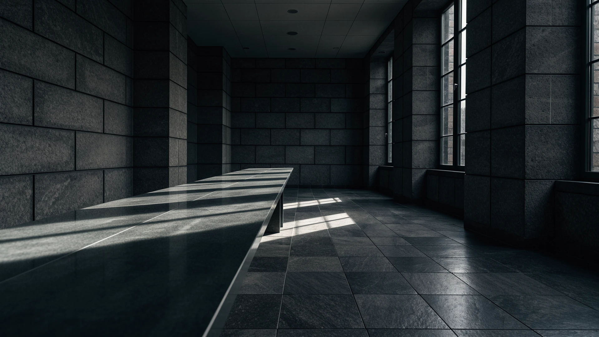 Empty review chamber, a long dark table under window light