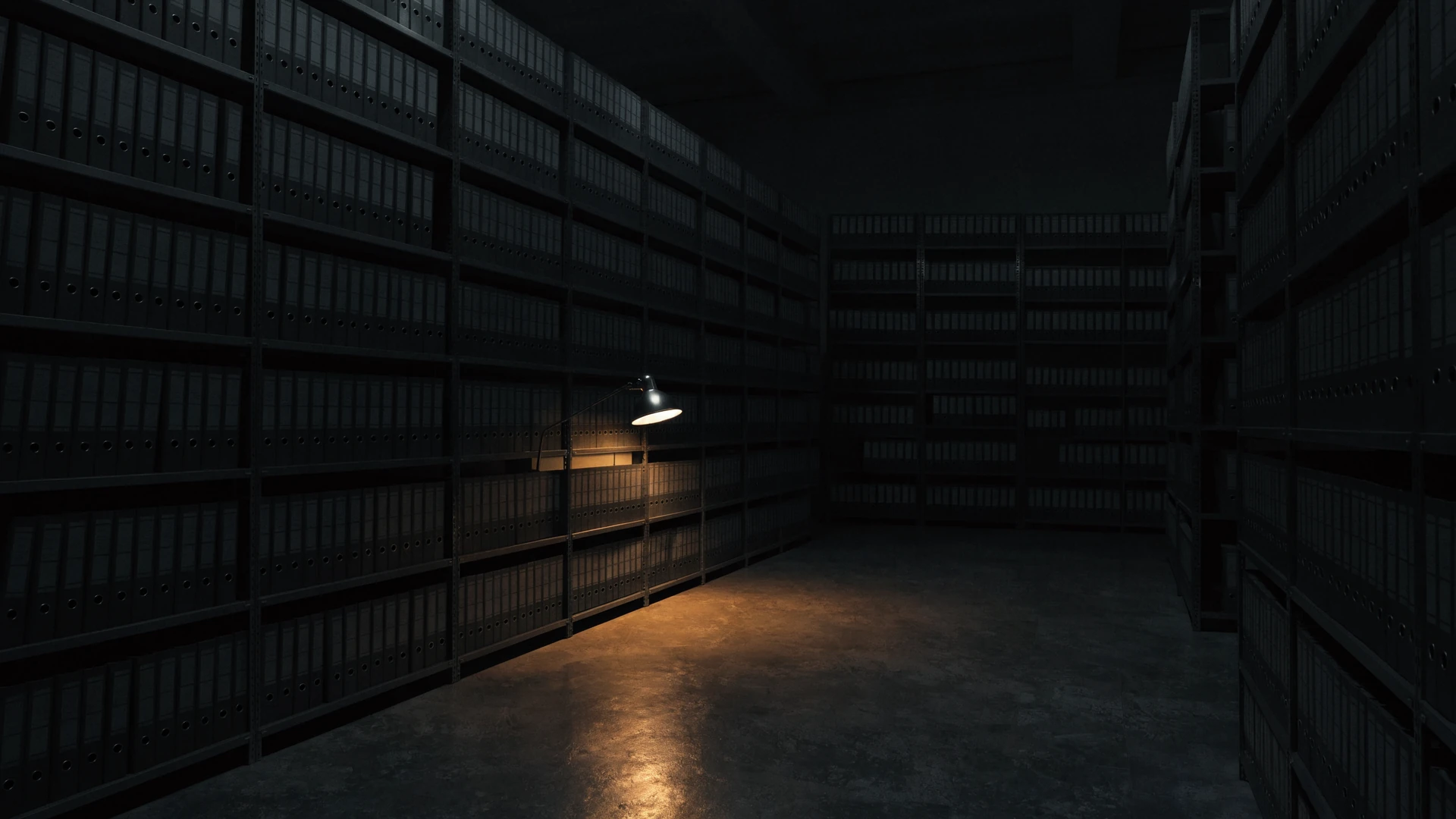 After-hours archive aisle, unmarked black binders under one warm lamp