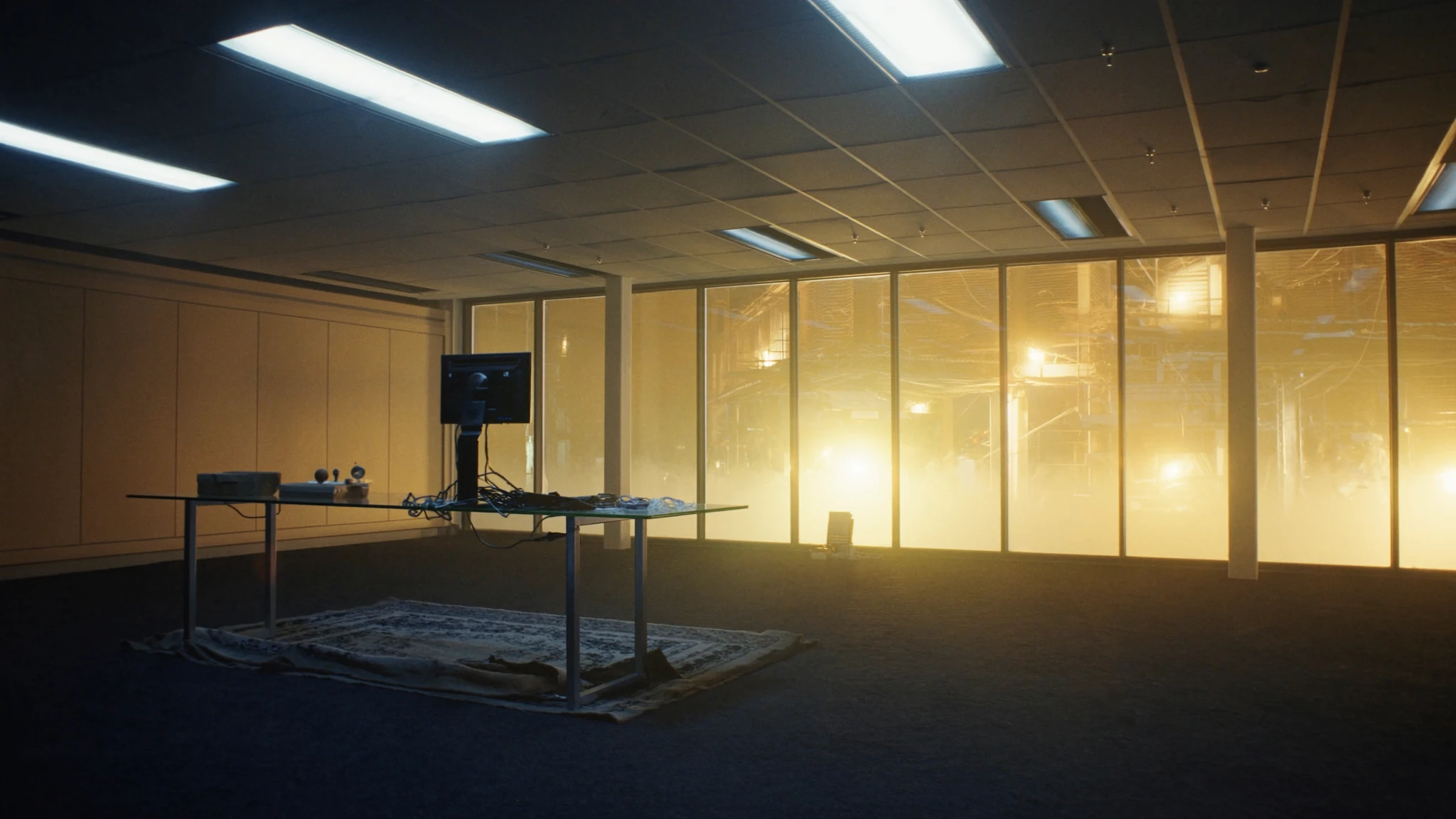 Night site office looking out on a construction site, the desk after the meeting